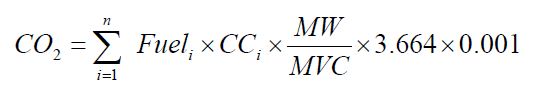 CO subscript 2 baseline = sigma-summation underscript i = 1 overscript n endscripts Fuel subscript i baseline times CC subscript i baseline times start-fraction MW over MVC (molar volume conversion factor) end-fraction times 3.664 times 0.001
