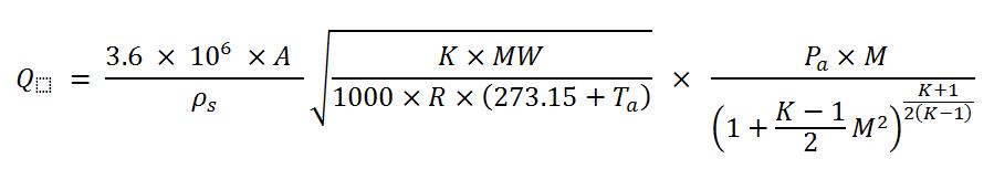 Q = start-fraction 3.6 times 10 superscript 6 baseline times A over P subscript s baseline end-fraction start-root start-fraction K times MW over 1000 times R times left-parenthesis 273.15 times T subscript a baseline right-parenthesis end-fraction end-root times start-fraction P subscript a baseline times M over left-parenthesis 1 + start-fraction K minus 1 over 2 end-fraction M superscript 2 baseline right-parenthesis superscript start-fraction K + 1 over 2 left-parenthesis K minus 1 right-parenthesis end-fraction baseline end-fraction