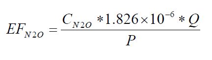 EF subscript N2O (emissions factor, nitrous oxide) = start-fraction C subscript N2O (concentration, nitrous oxide) times 1.826 times 10 superscript negative 6 times Q (flow rate) over P (production rate) end-fraction