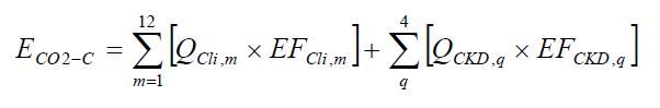 E subscript CO sub subscript 2 subscript - C baseline (emissions, carbon dioxide, calcination) = sigma-summation underscript m (month) = 1 overscript 12 endscripts left-bracket Q subscript Cli,m baseline (quantity, clinker, month) times EF subscript Cli,m baseline (emission factor, clinker, month) right-bracket + sigma-summation underscript q (quarter) overscript 4 endscripts left-bracket Q subscript CKD,q baseline (quantity, cement kiln dust, quarter) times EF subscript CKD,q baseline (emission factor, cement kiln dust, quarter) right-bracket