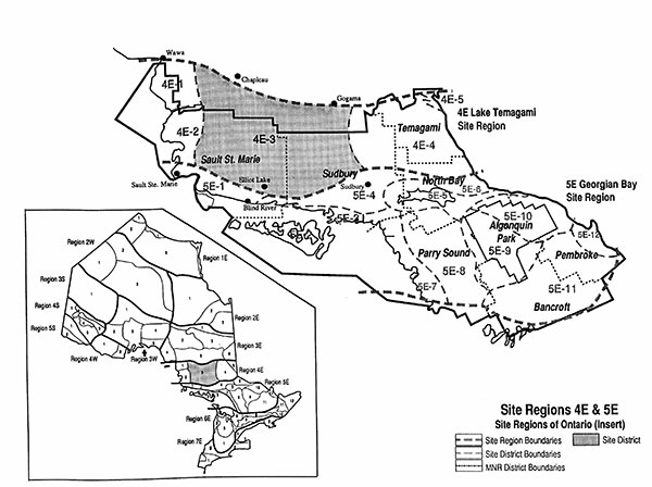 Map of Site Regions 4E and 5E in Ontario, with MNR District Boundaries, Site District Boundaries and Site District Boundaries.