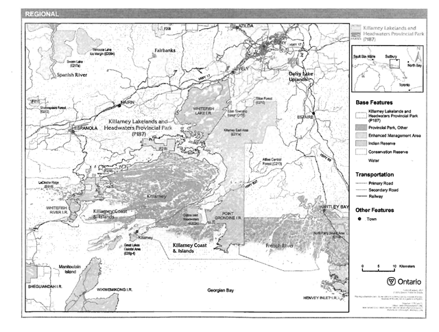 A map of the regional setting of Killarney Lakelands and Headwaters provincial park.