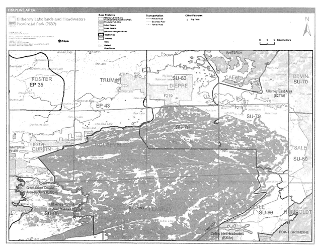 A map of the Trapline area of Killarney Lakelands and Headwaters Provincial Park
