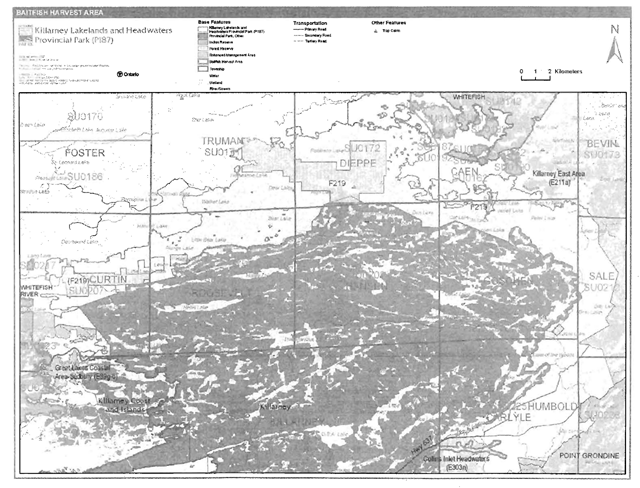 A map of the baitfish harvest area of Killarney Lakelands and Headwaters Provincial Park