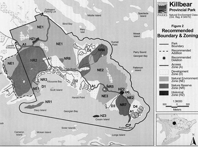 This is a recommended boundary and zoning map for Killbear Provincial Park