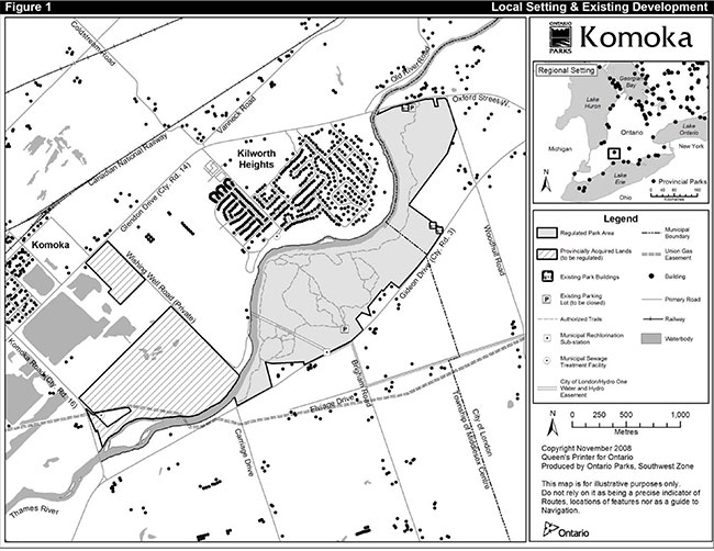 This map illustrates detailed information about Local Setting and Existing Development inside of Komoka Provincial Park .