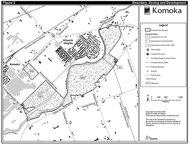 This map illustrates detailed information about the Boundary lines, zoning and development types inside of Komoka Provincial Park.