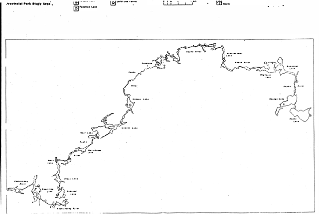 Map of the Kopka River Provincial Park Study Area showing patented land, land use permit areas and other areas.