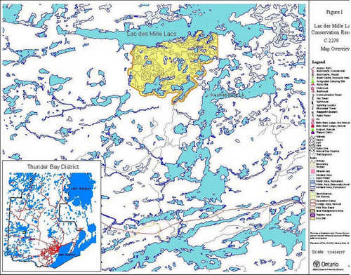 Map highlighting the area where Lac des Mille Lacs Conservation Reserve is located in relation to Thunder Bay and various lakes