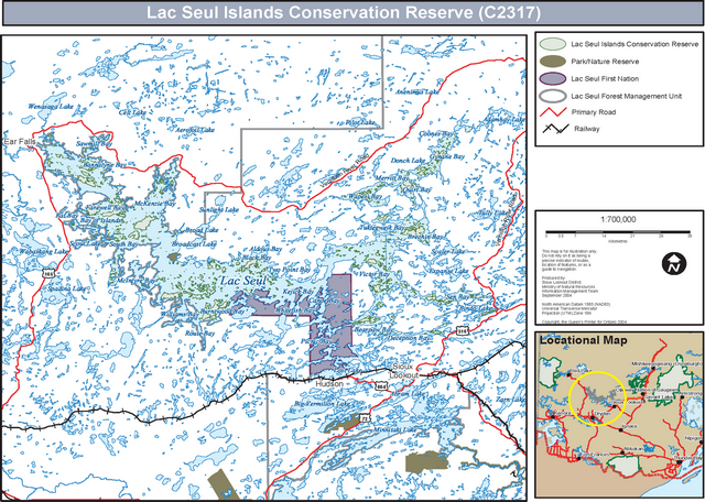 Map showing roads, railways, the park and nature reserves, the forest management unit, and First Nation territories in and surrounding the Lac Seul Island Conservation Reserve