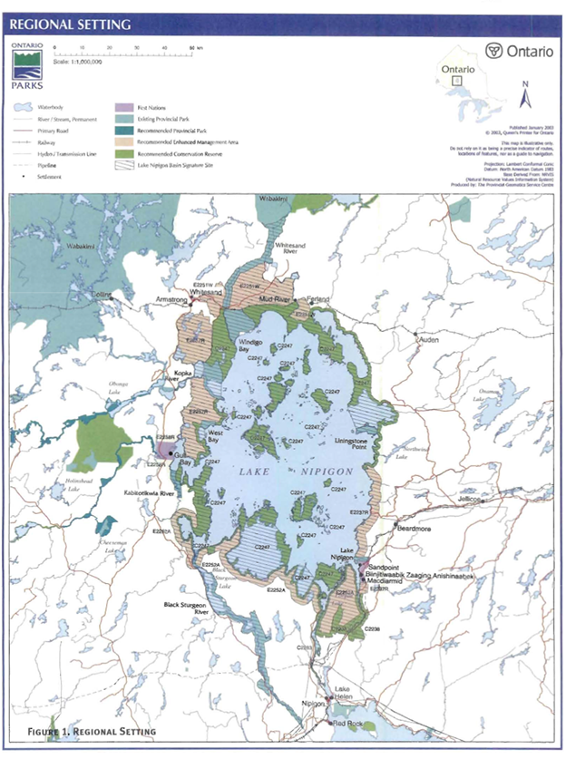 This is figure 1 regional settings map showing the area of Lake Nipigon. This map is illustrative only. Do not rely on it as being a precise indicator of routes locations of features, nor as a guide to navigation. 