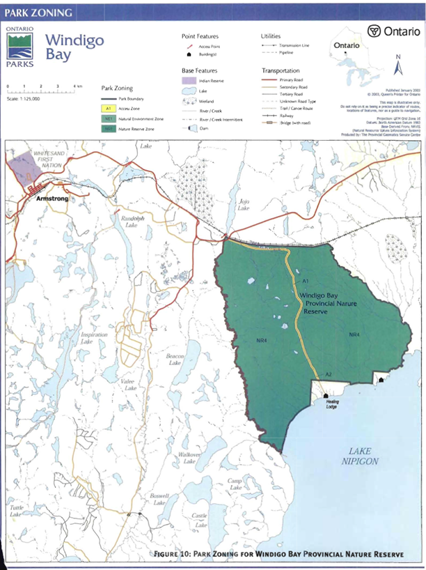 This is figure 10 map showing the park zoning for Windigo Bay Provincial Nature Reserve. This map is illustrative only. Do not rely on it as being a precise indicator of routes locations of features, nor as a guide to navigation. 
