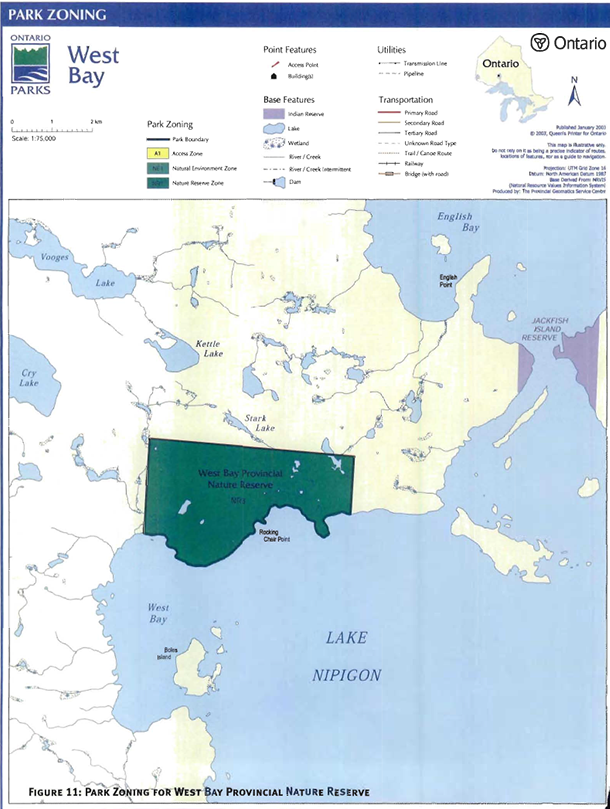 This is figure 11 map showing the park zoning for West Bay Provincial Nature Reserve. This map is illustrative only. Do not rely on it as being a precise indicator of routes locations of features, nor as a guide to navigation. 