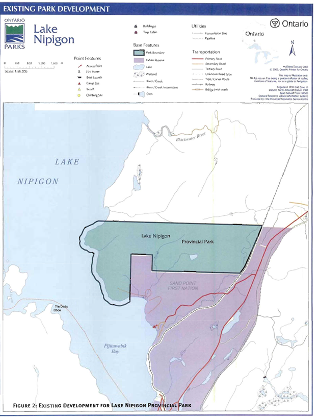 This is figure 2 map showing the existing park development for Lake Nipigon Provincial Park. This map is illustrative only. Do not rely on it as being a precise indicator of routes locations of features, nor as a guide to navigation. 