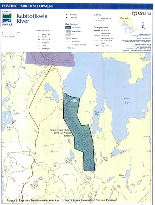 This is figure 3 map showing the existing park development for Kabitotikwia River Provincial Nature Reserve. This map is illustrative only. Do not rely on it as being a precise indicator of routes locations of features, nor as a guide to navigation. 