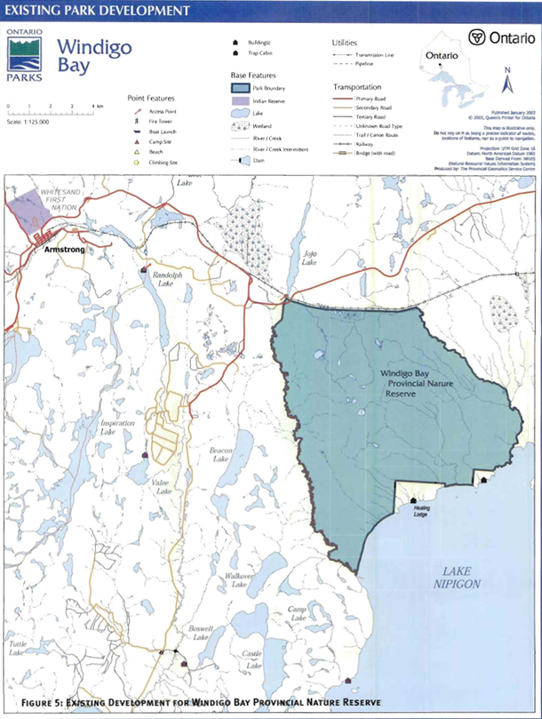 This is figure 5 map showing the existing park development for Windigo Bay Provincial Nature Reserve. This map is illustrative only. Do not rely on it as being a precise indicator of routes locations of features, nor as a guide to navigation.