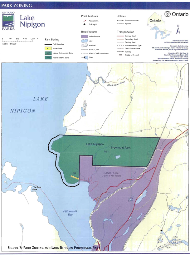 This is figure 7 map showing the park zoning for Lake Nipigon Provincial Park. This map is illustrative only. Do not rely on it as being a precise indicator of routes locations of features, nor as a guide to navigation. 