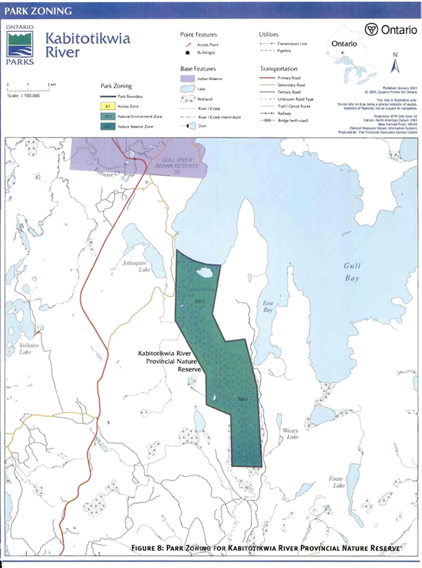 This is figure 8 map showing the park zoning for Kabitotikwia River Provincial Nature Reserve. This map is illustrative only. Do not rely on it as being a precise indicator of routes locations of features, nor as a guide to navigation. 