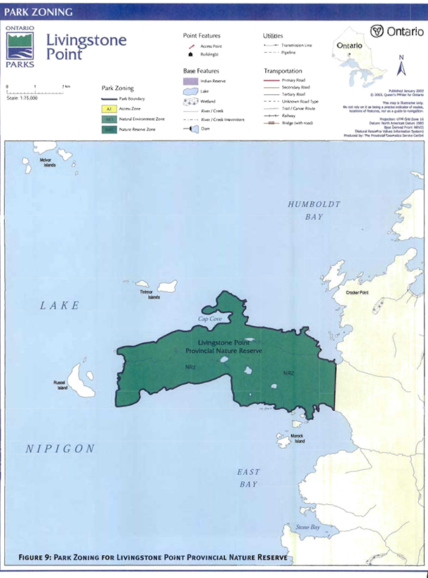 This is figure 9 map showing the park zoning for Livingstone Point Provincial Nature Reserve. This map is illustrative only. Do not rely on it as being a precise indicator of routes locations of features, nor as a guide to navigation. 