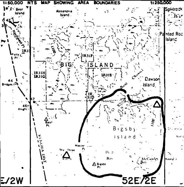 Map showing Big Island and area boundaries. Bigsby Island is marked with a curved solid black line.