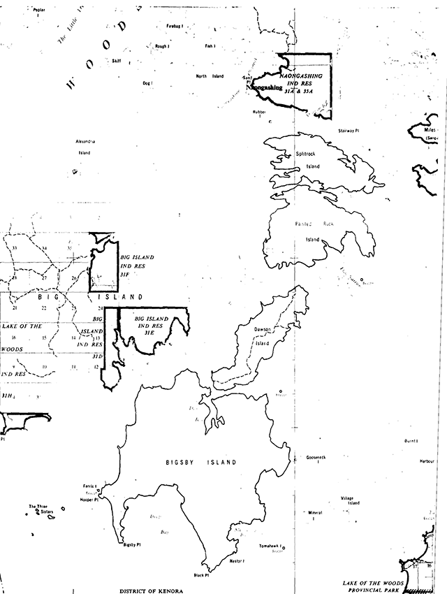 Map of Lake of the Woods Provincial Park showing islands and areas within and near the park.