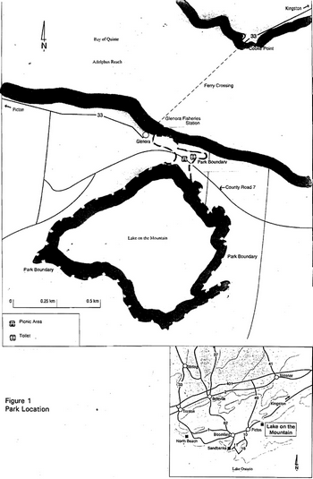 Map indicating the boundaries of Lake on the Mountain Provincial Park 