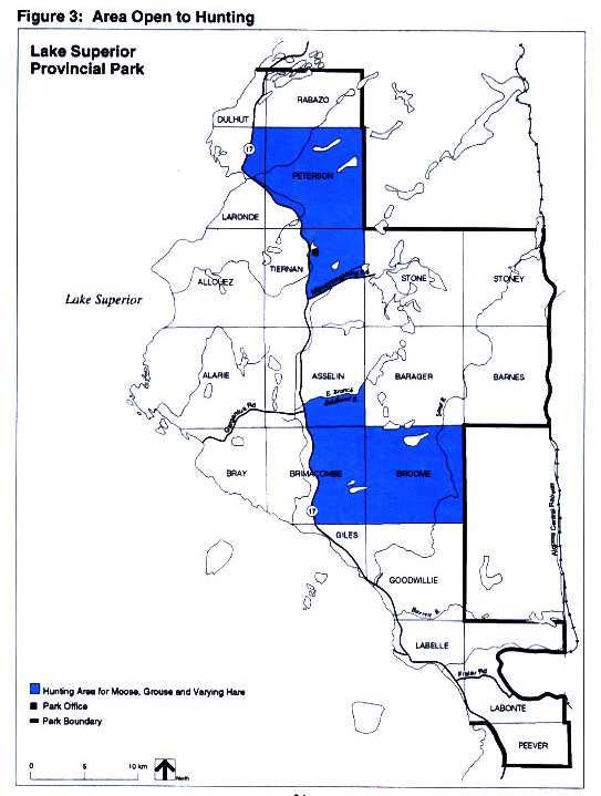 Map of park boundary hunting areas for Moose around Lake Superior Provincial Park.