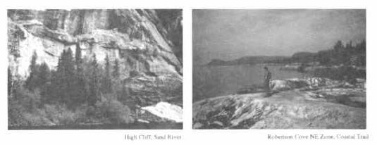 Photo on the right is of a high cliff over Sand River and the photo on the right is of a man standing at Robertson Cove, Natural environment zone coastal trail.