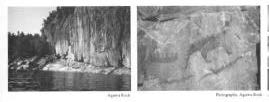 Photo on the left is of a water body near a rocky cliff. Photo on the right is a close up of the rocky cliff from the photo on the left.
