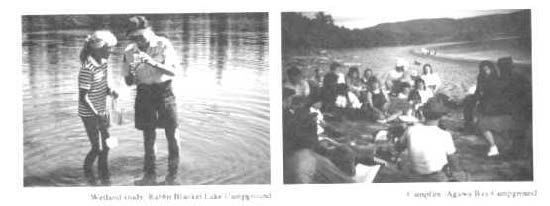 The photo on the right is of two park staff standing in the water, taking samples. The photo on the right is of a group of people around a campfire.