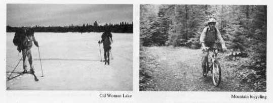 Photo on the left is of two cross-country skiers on Old Woman Lake. Photo on the right of a man mountain biking in a forest.