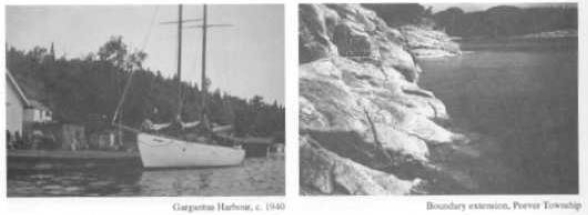Photo on the left is from 1940 of a sail boat docked. Photo on the right of a rocks and water.