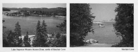 Photo on the left is Lake Superior Waters Access Zone near Sinclair Cove and the photo on the right is a lookout from Sinclair Cove with a boat in the water.