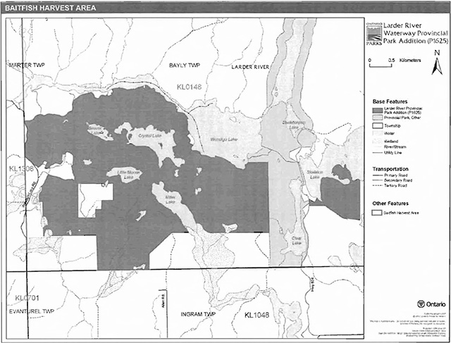 This is figure 5 map of Larder River Waterway Park depicting the baitfish harvesting areas