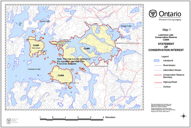 This is map 1 depicting the boundaries of Lawrence Lake Conservation Reserve.