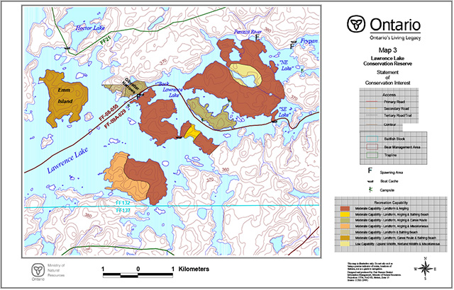 This is map 3 depicting the recreational capabilities of Lawrence Lake Conservation Reserve.
