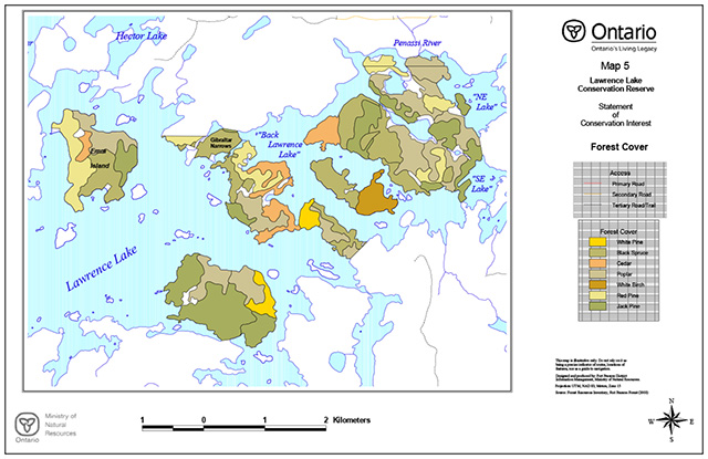 This is map 5 depicting the forest cover of Lawrence Lake Conservation Reserve.