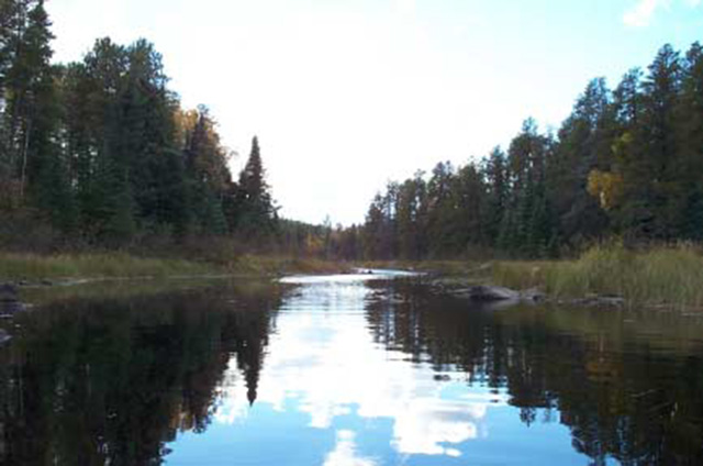 This is photo 2 of Penassi River at NE end of Back Lawrence Lake, looking upstream.