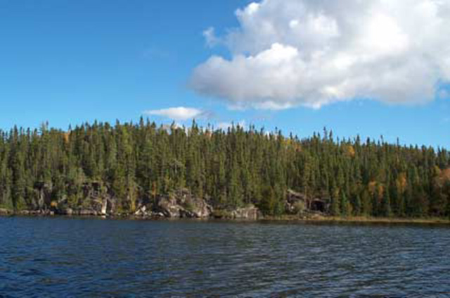This is photo 4 displying rock scarp at the north end of peninsula on Back Lawrence Lake.