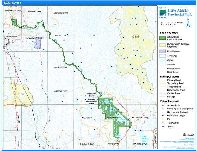 This map displays the park boundaries of Little Abitibi Provincial Park.