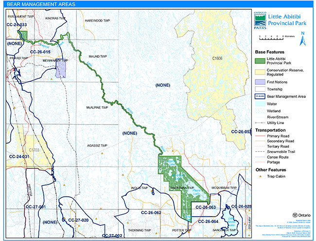 This map displays the Bear Management Areas inside of Little Abitibi Provincial Park.