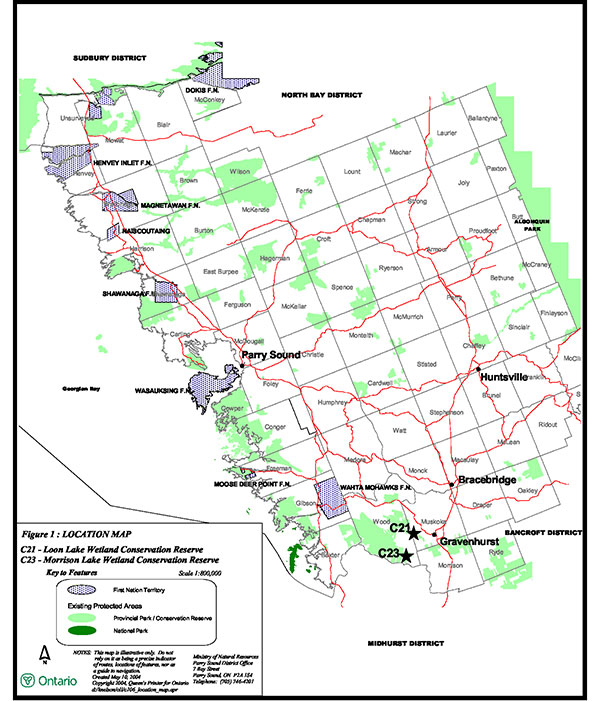 This illustration map is an overview for the locations of Loon Lake Wetland Conservation Reserve C21 and Morrison Lake Wetland Conservation Reserve C23.