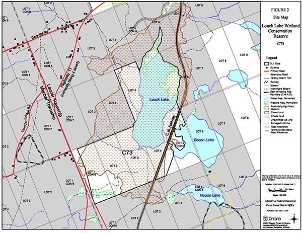 Map of Louck Lake Wetland Conservation Reserve C73 showing Ontario’s Living Legacy Sites, lands and waterbodies within Perry Sound District.