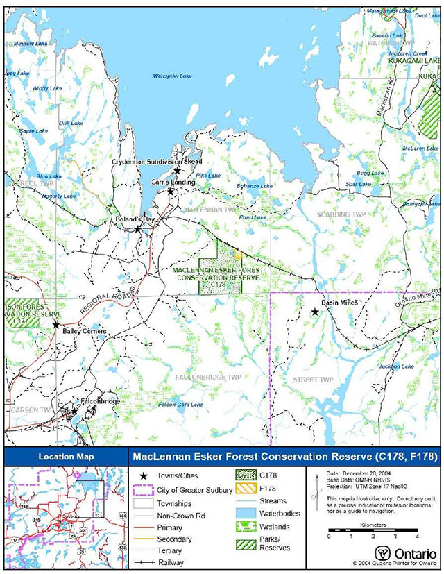 This is Figure 1 site location map for MacLennan Esker Forest Conservation Reserve