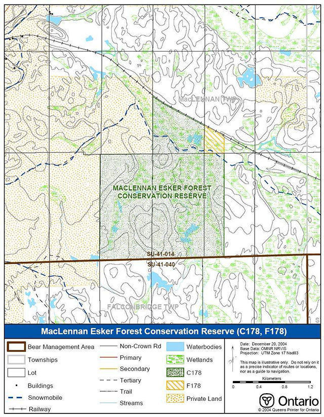 This is map 1 of MacLennan Esker Forest Conservation Reserve depicting the recreational values