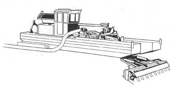 This figure provides an illustration of another type of dredge. This figure shows what a Mud Cat Dredge looks like and how it operates. A Mud Cat Dredger is a hydraulic dredge used for smaller projects such as dredging canals or channels and for aquatic plant removal. This dredger looks like a long metal barge furnished with a small cabin on the deck with a large piece of machinery that looks similar to a large lawn mower that is mounted at the front below the boat level. A suction pipe is connected to this and it sucks the sediment to a pump mounted on the barge where it is then piped directly to a disposal barge or shoreline via a pipe.
