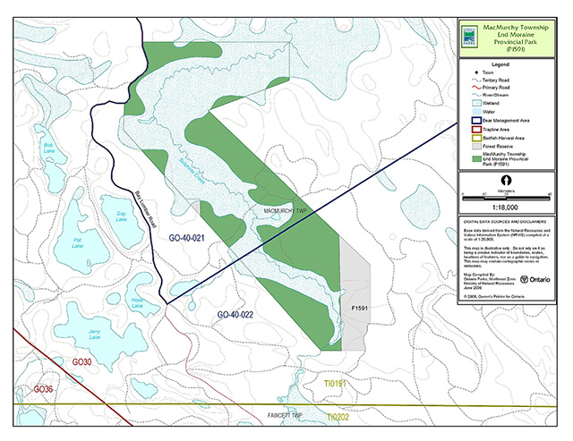 This is figure 3 map of MacMurchy Township End Moraine depicting bear management areas, trap line areas, and commercial baitfish harvesting