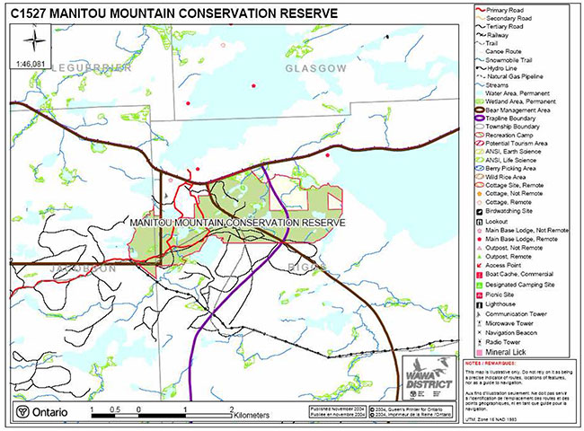 This map shows a detailed information about the recreation inventory in Manitou mountain conservation reserve.