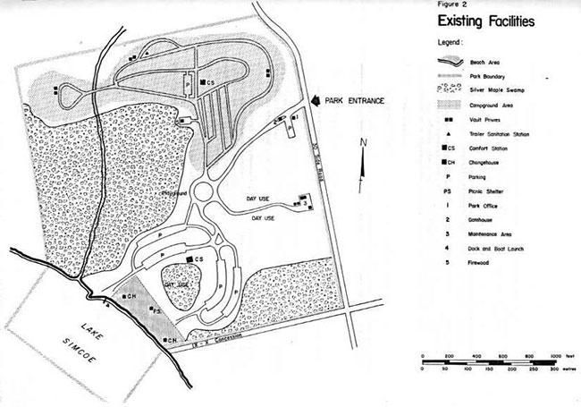 This map shows detailed information about the existing facilities in Mara Provincial Park.
