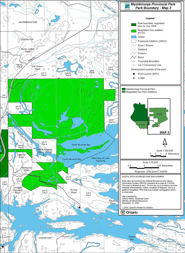 This map shows detailed information about the Park Boundary in Mashkinonje Provincial Park.